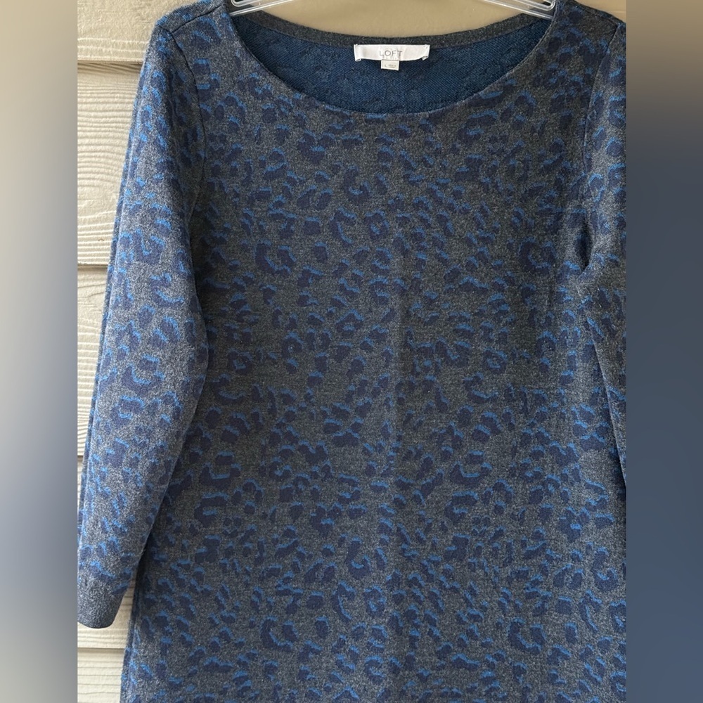 Ann Taylor LOFT Cheetah Animal Print Gray Blue 3/4 Sleeves Sweater Dress Size L - Picture 5 of 10